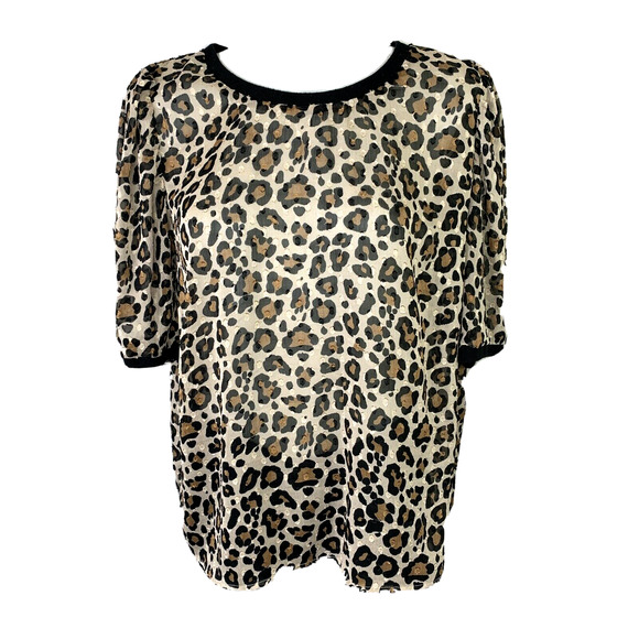 A New Day Women's Leopard Print Top Size XL Semi Sheer Puff Short Sleeve A8 - Picture 1 of 7
